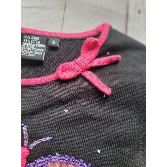 michael simon black sweater with beaded Sequin butterflies With Pink Collar2 - Picture 6 of 11
